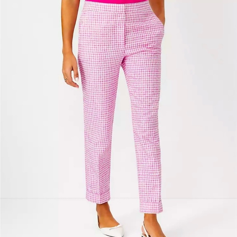 Ann Taylor Pink Houndstooth Straight Leg Pants
